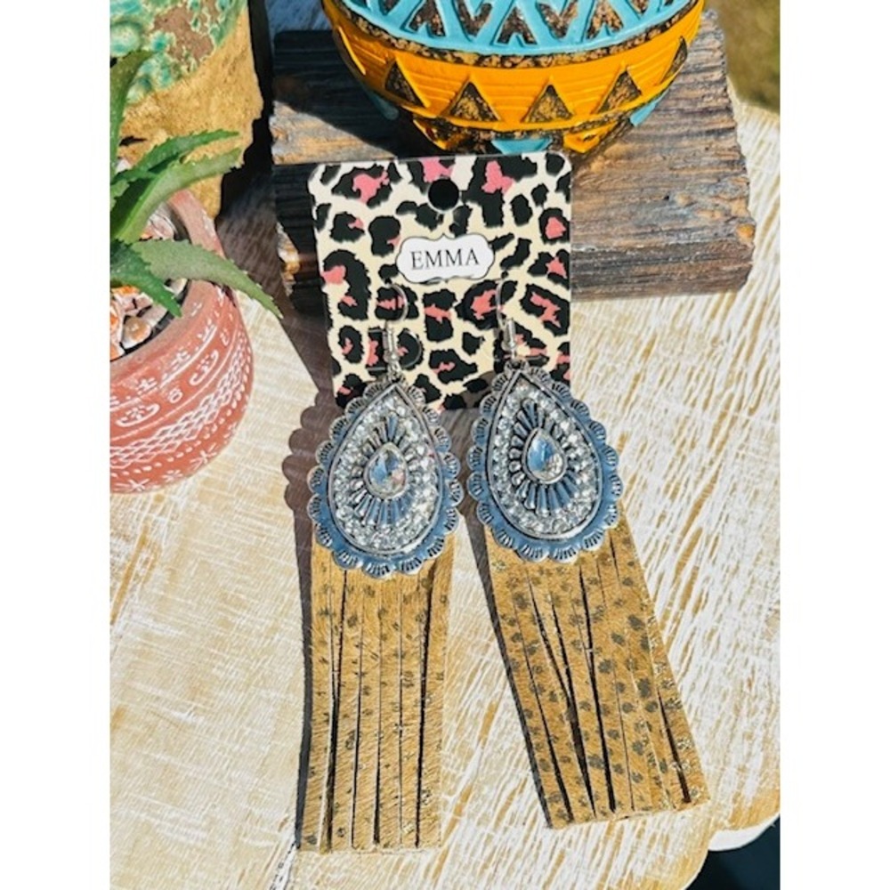 Emma Western Teardrop Earrings Silver Rhinestone Faux Suede Fringe Dangle Boho